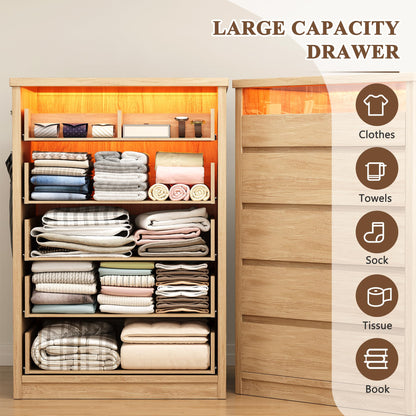 Jocoevol 5 Drawer Dresser for Bedroom with LED Light, Modern Chest of Drawers with Hidden Handles, Tall Wooden Dresser Closet for Living Room, Entryway, Hallway - Oak