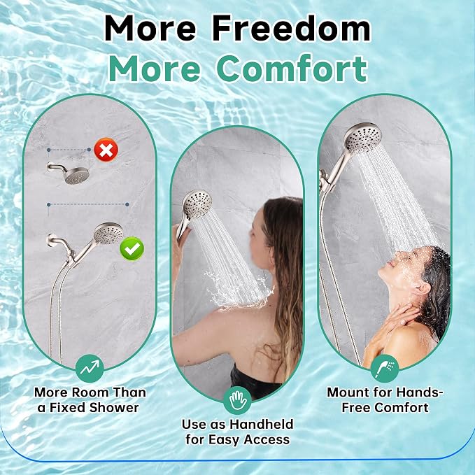 BRIGHT SHOWERS High Pressure Shower Head with Handheld, 9 Spray Settings Showerhead Built in Power Wash to Clean Tub and Pets, Extra Long 69" Hose, Adjustable Bracket, Brushed Nickel