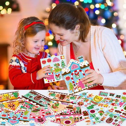 Aginc Berry 12Pcs Christmas Gingerbread Candy House Scene Sticker Art Craft, Make Your Own Christmas Candy House Sticker Scene with Xmas Tree Snowman Stickers for Kids, Xmas Holiday Party Favors
