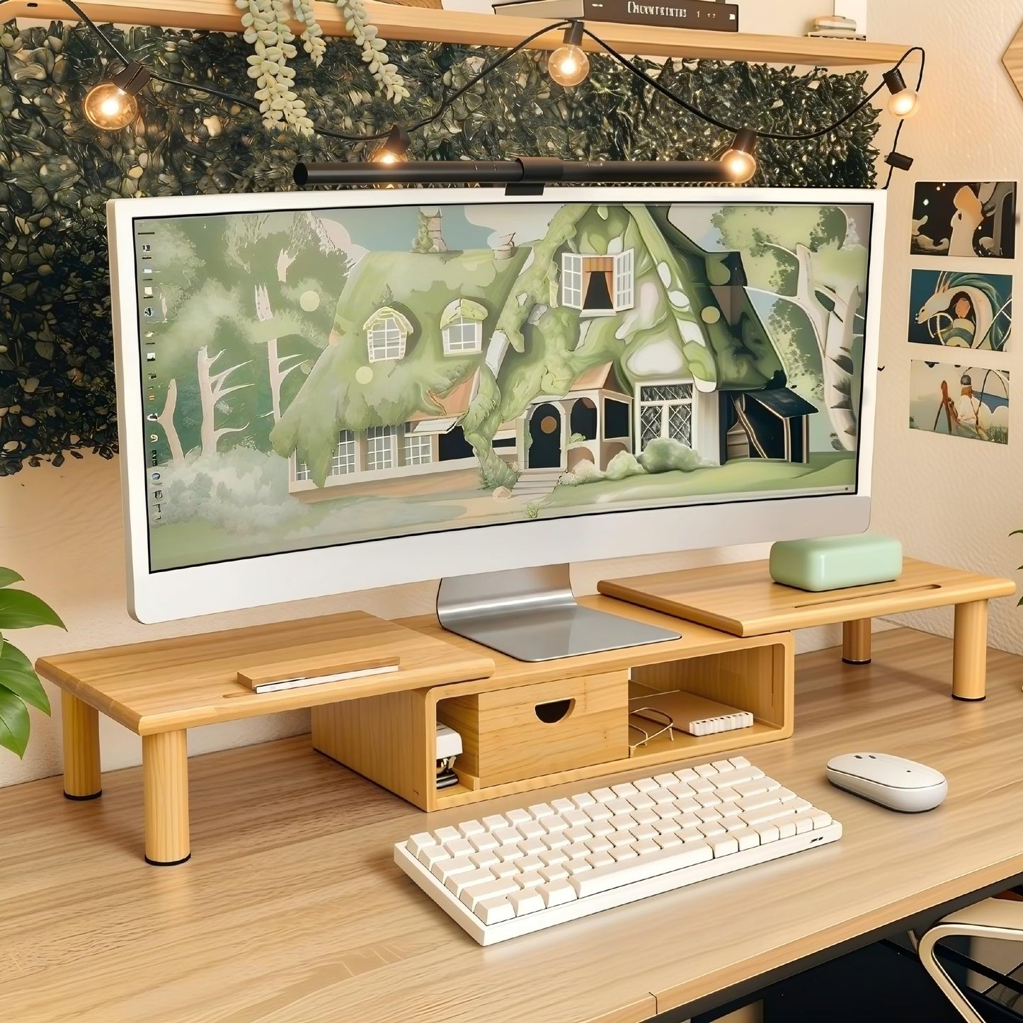 ROCDEER Dual Monitor Stand Riser with Drawer for Desk Laptop Desk Shelf with Adjustable Length and Angle, Bamboo Computer Stand Riser for 2 or 3 Monitors Screen Laptop PC TV -Natural