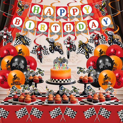 Dirt Bike Party Decorations Kit Motorcycle Theme Happy Birthday Banner Balloons Dirt Bike Hanging Swirls Tablecloth Cake Cupcake Toppers Decor for Boys Men Dirtbike Birthday Party Favors Supplies