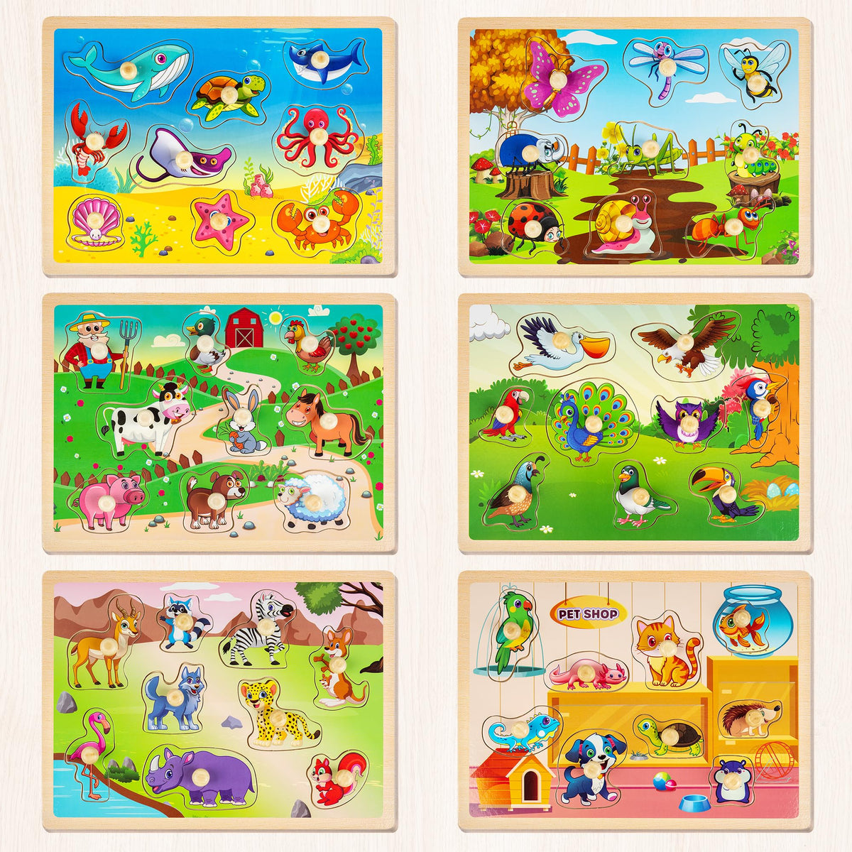 SYNARRY Wooden Puzzles for Toddlers 1-3, 6XSET Animals Puzzles for Toddlers 2-4 with Rack, Toddler Puzzles Ages 2-4, Kids Learning Educational Montessori Toys, Education Toys for 2 3 Years Boys Girls