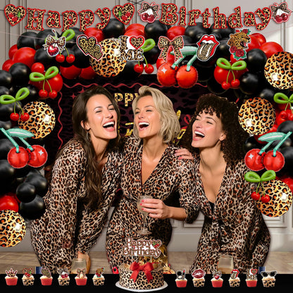 Cheetah and Cherry Birthday Decorations for Women Girls - Red and Black Balloon Arch Kit, Cherry and Cheetah Print Balloons, Tablecloth, Banners, Cake Toppers, Girls Night, Bachelorette Party Decor