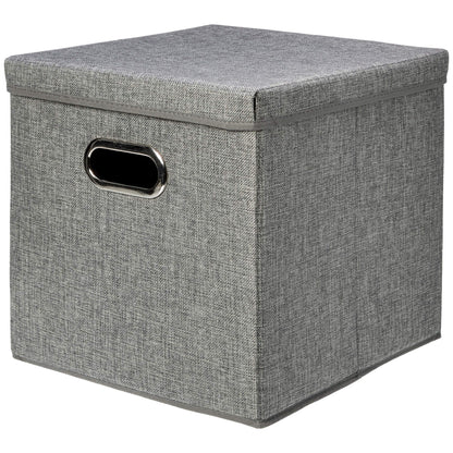 Amazon Basics Foldable Burlap Cloth Cube Storage Bins with Lid, Collapsible Organizing Containers, Stackable and Sturdy, Gray, Set of 2