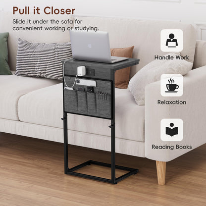 Vagusicc C Shaped End Table with Charging Station, 33" Tall Side Table for Couch, Sofa Table Adjustable Height Couch Side C Table, Slide Under Sofa Tray Table for Living Room Bedroom, Gray Walnut