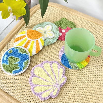 HAND U JOURNEY Craft Punch Needle Coasters Kit - 6 Patterns with Adhesive Felt, Yarns, Embroidery Hoop - Perfect for Adults, Beginners, and Starter with Instructions
