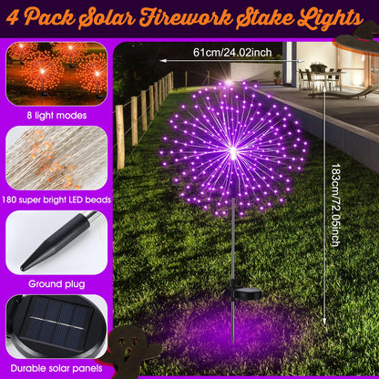 Tujoe 6 Pcs Fall Solar Firework Stake Lights 180 LED 8 Modes Solar Waterproof LED Sparkler Lights Outdoor Decoration for Halloween Christmas Holiday Garden Patio Yard Pathway Walkway, Orange, Purple