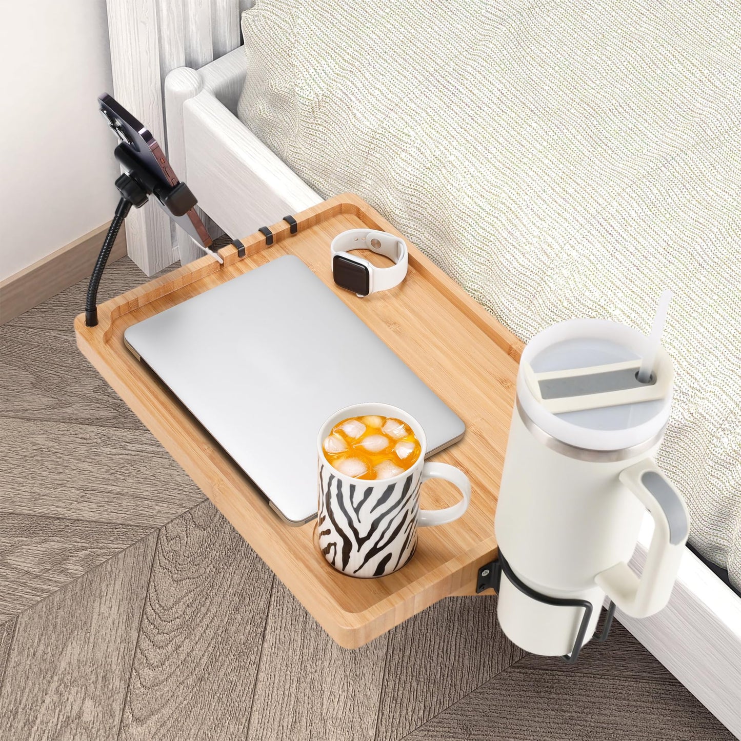 Fivebop Bedside Shelf for Dorm Bed & Top Bunk, Bamboo Bed Side Table Tray with Cup Phone Holder & Hooks, Bedside Caddy, Clip on Nightstand Bedside Storage College Dorm Room Essentials (Bamboo-1)