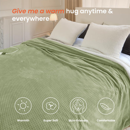 blunique Heated Blanket Electric Blanket Queen Waffle, 84x90 Inches Dual Controllers Sherpa Fleece Fast Heating Blanket 6 Heating Levels & 10 Hours Auto Off ETL Certification, Sage Queen