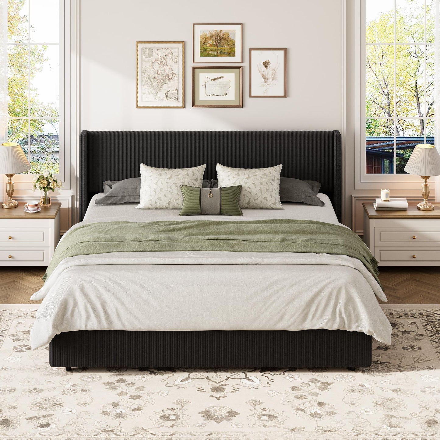GarveeHome King Size Lift Up Storage Bed Frame, Corduroy Upholstered Platform Bed with Gas Lift, Padded Headboard, Wooden Slat Support, No Box Spring Needed, Black