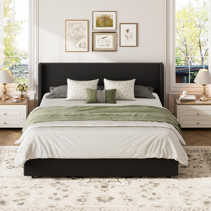 GarveeHome King Size Lift Up Storage Bed Frame, Corduroy Upholstered Platform Bed with Gas Lift, Padded Headboard, Wooden Slat Support, No Box Spring Needed, Black