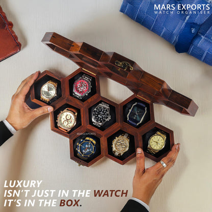 Mars Exports Wooden Watch Organizer Case with Glass Lid | 8 Slot Men’s Watch Storage Box – Dark Rosewood Finish | Elegant Watch Holder for Travel & Gift for Watch Lovers