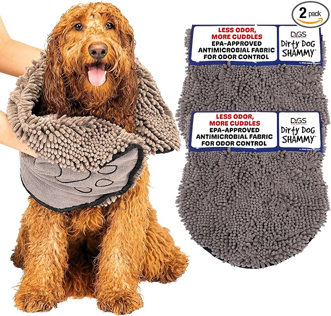 Dog Gone Smart The Dirty Dog Shammy - 2-Pack, Antimicrobial Microfiber Dog Towel for Odor Control, Fast-Drying Plush, Dual Hand Pockets & Super Absorbent, Machine Washable - 31×13 in, Grey