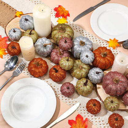 Simgoing 24 Pcs Thanksgiving Glitter Mini Pumpkin Decor Orange, Silver, Gold Small Artificial Foam Pumpkins Fall Tree Hanging Ornament Tiered Tray Decor for Autumn Thanksgiving Party Indoor Home