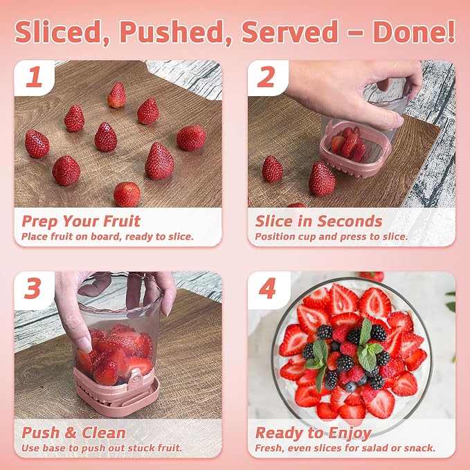 Strawberry Slicer Cup with Push Plate, Fruit Cutter Kitchen Gadget for Egg, Kiwi, Banana, Cucumber, Easy Fruit & Vegetable Slicer, Strawberry Cutter Tool for Quick Safe Cutting (Pink)
