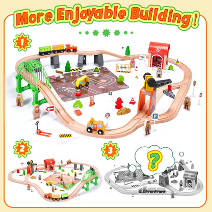 Wooden Train Set 102-Piece for Toddlers Kids Ages 3-8, Double-Sided Expandable Train Track with Puzzles & Magnetic Crane Toys, STEM Railway Playset Gifts Compatible with Major Brands for Boys Girls