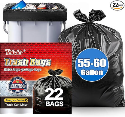 Teivio Trash Bags, 55-60 Gallon,