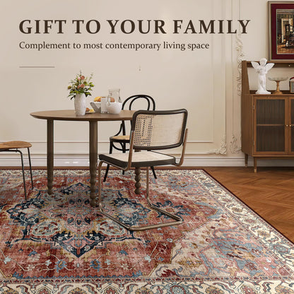 Deerly Vintage Area Rug 5x7 Boho Washable Rug for Living Room Bedroom Non Slip Low Pile 5x7 Rug for Kitchen Entryway Bedroom Dining Room Office, Brickred/Multi