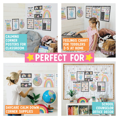 Hadley Designs 9 Calming Corner Posters for Classroom Must Haves - Calm Down Corner Supplies with Emotions Chart, School Counselor Mental Health Poster, Feelings Chart For Kids, Pastel Classroom Decor