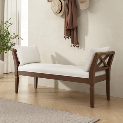 Christopher Knight Home Viko Farmhouse Wooden Living Room Ottoman Bench with Cross-back Detail, Upholstered End of Bed Ottoman with Armrest, Long Entryway Bench, Long Seating for Bedroom, Beige+Walnut