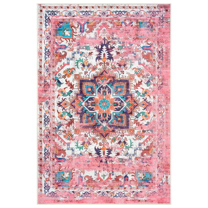GLN Rugs Bohemian - Serik - Machine Washable Area Rug, Boho Washable, Non Slip, Low Pile Chenille Area Rug, Living Room, Bedroom, Kitchen Rug - Easy Clean (6' x 9' Pink/Multicolor)