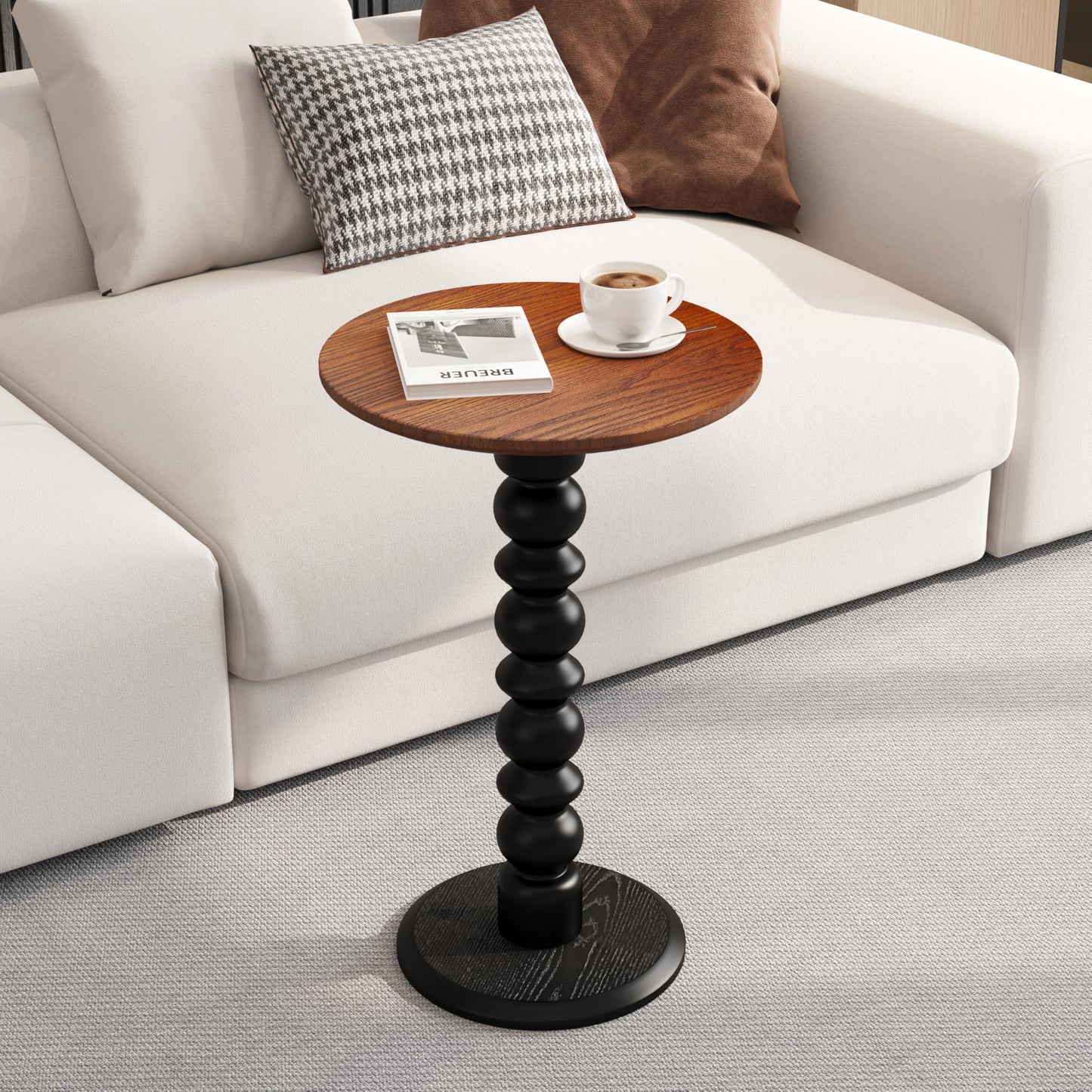 zaowofires Solid Wooden Round Side Table(Walnut/Black, 11.8" W*21.65" H)