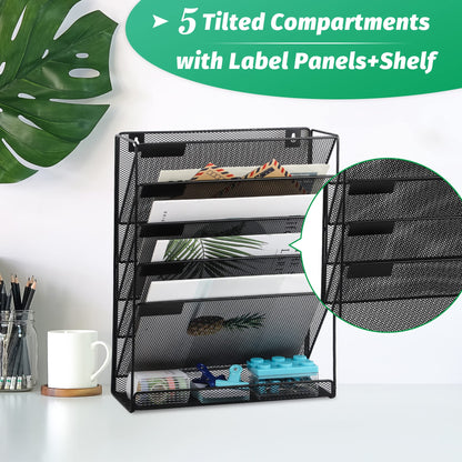 EASEPRES Desk File Organizer Mesh 6-Tier, Hanging Wall Mount Document Organization Stand, Desktop Vertical Mail Paper Folder Holder Rack with Bottom Tray for Office Home Cubicle Countertop, Black
