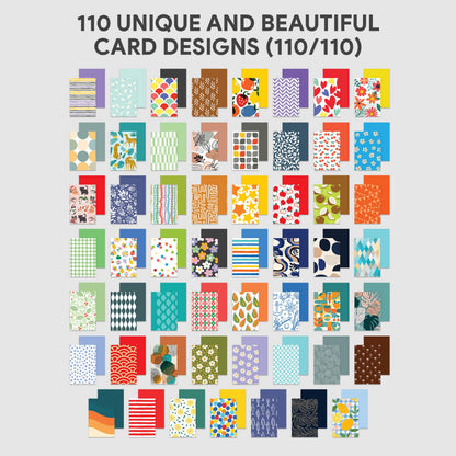 Decorably 110 Pack 4x6in Assorted Blank Cards and Envelopes Bulk with Stickers, 110 Folded Unique Designs for Friends, Family & Loved Ones - Birthday, Kids Party, Anniversary, Gifting, Mailing