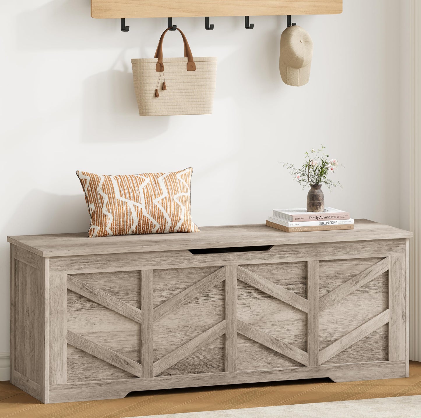 Zeibospri 51.2" Storage Chest, Extra Large Storage Bench with 2 Safety Hinges, Storage Trunk Supports 330 lb, Wooden Blanket Storage for Bedroom, livingroom, entryway, Greige
