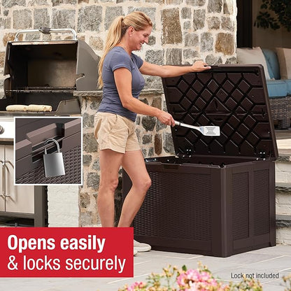 Rubbermaid Medium Resin Outdoor Storage Deck Box (74 Gal) Weather Resistant Brown Deck Organization for Home/Backyard/Pool Chemicals/Toys/Garden Tools/Porch/Patio Cushions