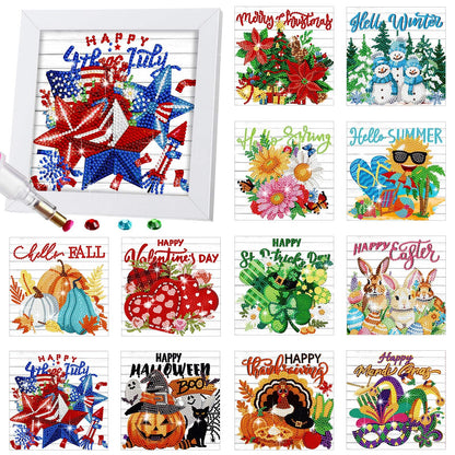 Trandraft 13 Pcs 4th of July Holiday Diamond Art Kits for Adults 250th Anniversary Favor 5d Interchangeable Seasonal Small Diamond Art Kits Framed Gem Painting for Table Decor DIY Craft Gift
