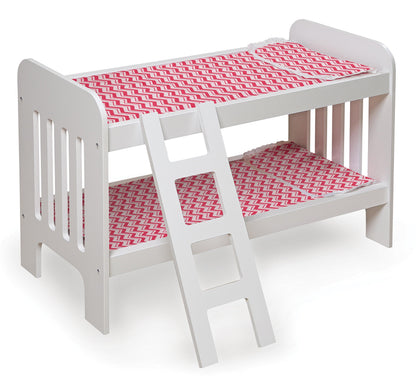 Badger Basket Chevron Doll Bunk Bed with Bedding, Ladder, and Padded Mats – Ideal for Dolls Up to 20 Inches in White and Pink