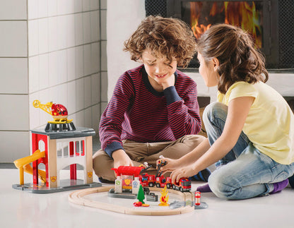 BRIO World Rescue Firefighter Set - 18-Piece FSC-Certified Wood Train Set & Accessories - Fire Train Engine with Lights and Sound, Wooden Tracks & More - Works with All Wooden Train Sets - Ages 3 & Up