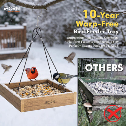 iBorn Platform Bird Feeder Tray, Chew Proof Bird Feeders for Outdoors Hanging, Flat Birdfeeder Tray with Large Capacity 3LBS, WPC Recycled Plastic & Cedar Look, Waterproof, 10.5"x10.5", Raw
