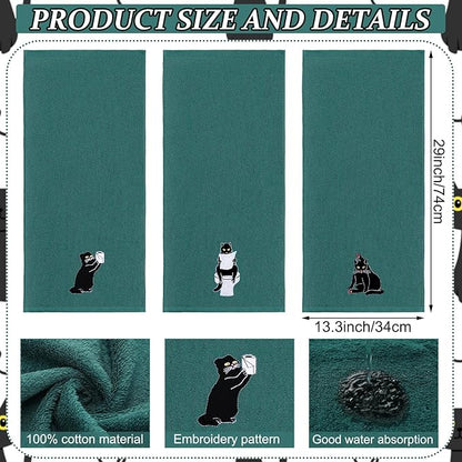3 Pcs Cat Hand Towels for Bathroom Decor Funny Embroidered Black Cat Halloween