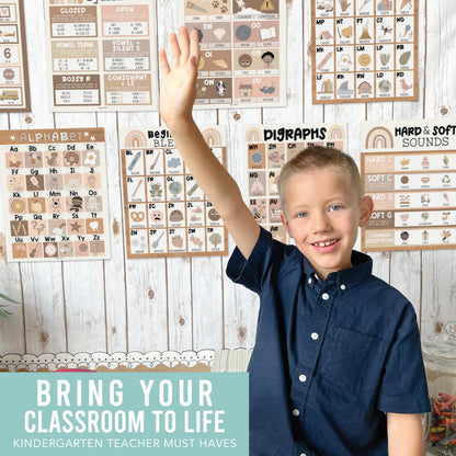 Hadley Designs Phonics Posters for Classroom Must Haves - 9 Sound Wall for Kindergarten & Elementary Teacher Supplies, Syllable, Vowels, Digraphs & Blends Bulletin Board Set, Boho Classrom Decor