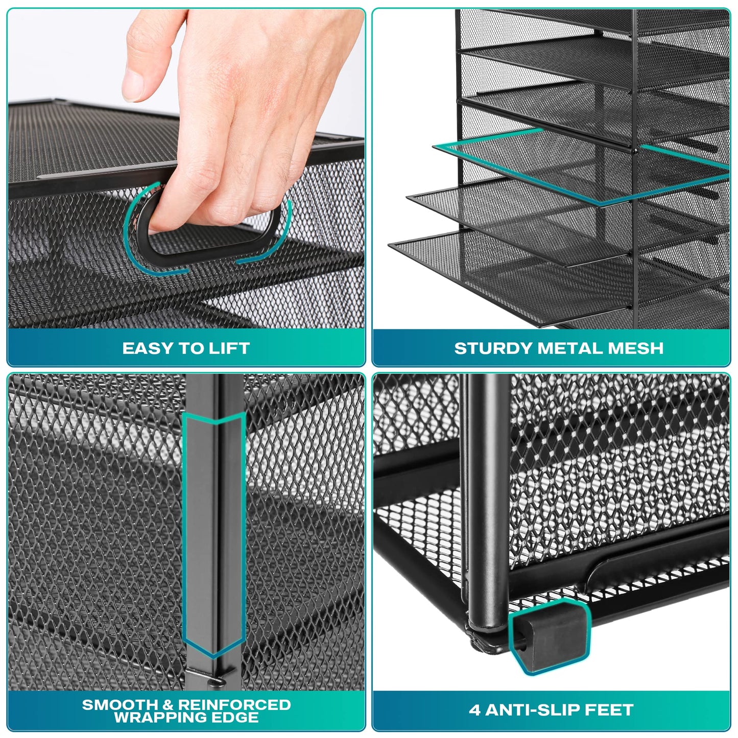 8 Tier Paper Letter Tray Organizer with Handles, Mesh Desk File Holder Storage Organization for Home School Classroom & Office (Black)