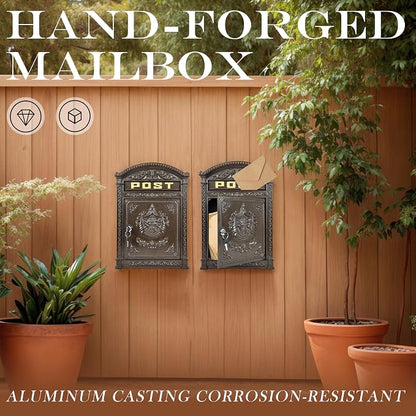 Vintage Lockable Mailbox, Heavy Duty Cast Aluminum Wall Mount Mailbox, Weatherproof Decorative Mail Box for Outside, Bronze Finish, Large Capacity