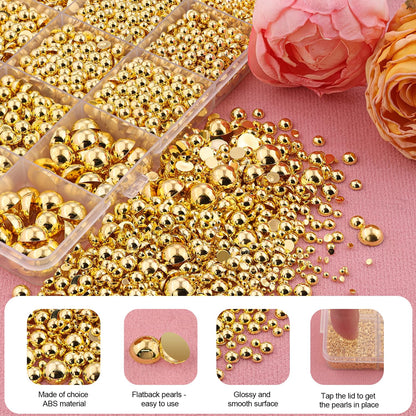 13500Pcs Flatback Pearls for Bedazzling (Gold) with 3Pcs B7000 Jewelry Glue, Assorted Size 2/3/4/5/6/8/10mm Half Pearl, Bedazzling Gems for Crafting Clothing Tumbler Shoes Embellishment Nail Art