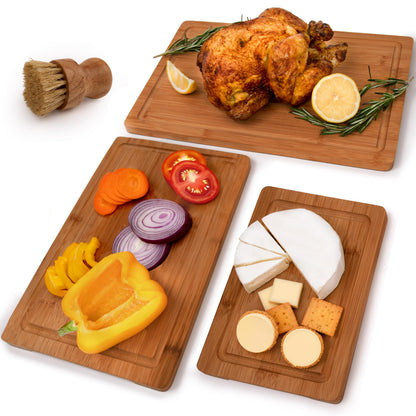 MelBell Bamboo Cutting Board Set Of 3 for Kitchen - Wooden Chopping Boards with Juice Groove - Wood Serving Board for Meat, Vegetables, Cheese
