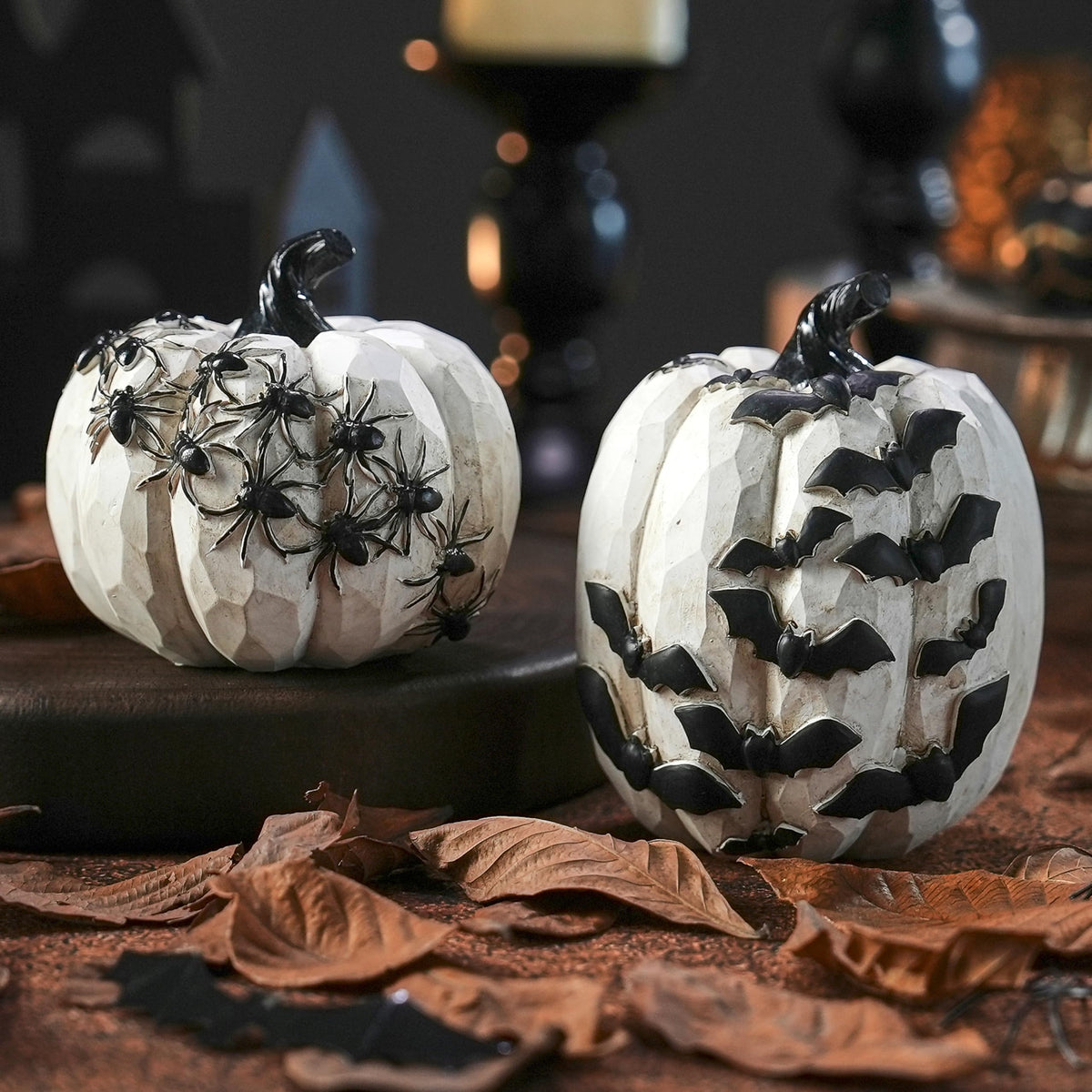 FESTGLOX Resin Halloween Pumpkins with Bats and Spiders, 2Pcs White and Black Pumpkin Decor, Small Decorative Pumpkin for Halloween Decorations, Home Tabletop Indoor Party Decor