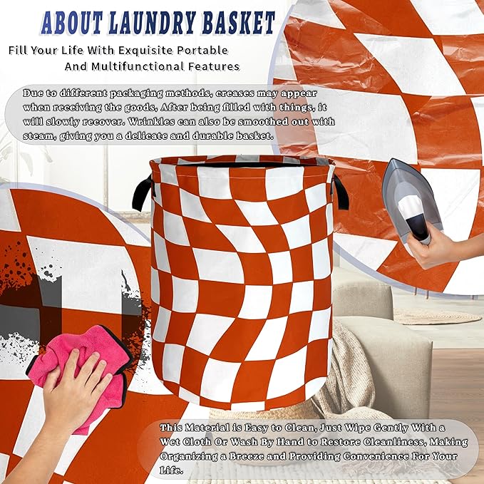 Orange Checkerboard Laundry Hamper Foldable Oxford Cloth Colorful Plaid Laundry