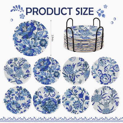 INCOK Blue Flower Diamond Art Coasters - 8 Pcs Diamond Painting Coasters Kits with Cork Base Home Table Decor DIY Crafts Party Supplies Mother's Day Birthday Gift for Adult Beginners