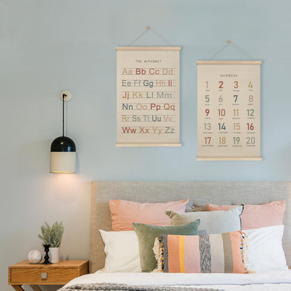 HRQKO Alphabet Numbers Poster Hanger Frame Set of 2, Nursery Wall Decor, Boho ABC Poster Wall Art with Wooden Frames, Alphabet Banner Wall Hanging Decor for Toddler Playroom Nursery, 16x24 Inch