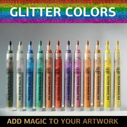 Art Owl Acrylic Glitter Paint Marker Pens, Medium Pens for Rock Painting, Stone, Ceramic, Glass, Wood, Fabric, Card Making, Canvas, DIY Crafts - Set of 12 Sparkle Paint Markers