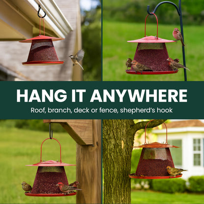 Perky-Pet Red Cardinal Wild Bird Feeder - 2.5 lb Seed Capacity, Holds Up to 15 Birds Simultaneously, Metal Hanging Feeder for Outdoors, Collapsible Mesh Design, Built-In Hook & Circular Tray, C00322