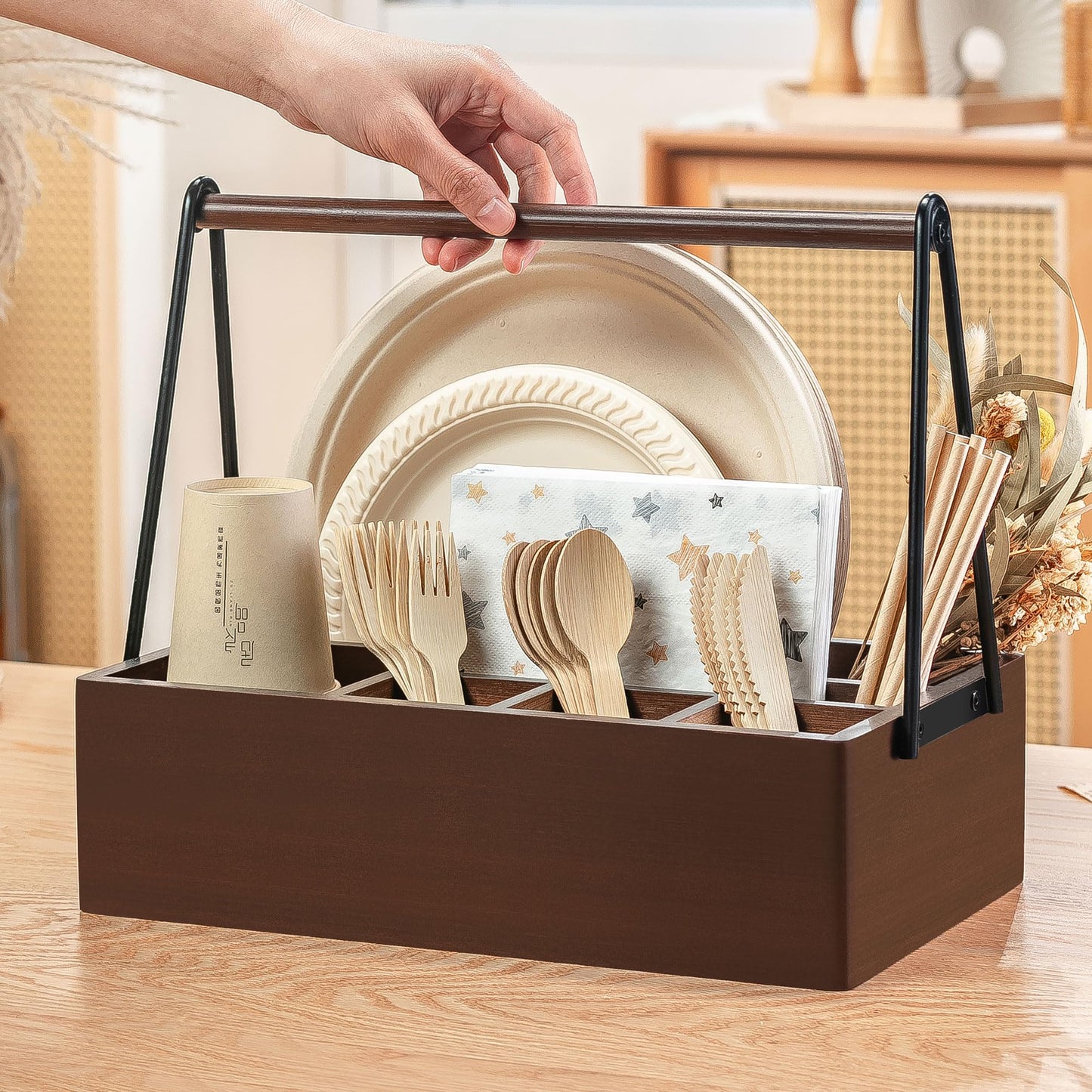 PTSTING Silverware Caddy with Handle Acacia Wood Utensil Holder Paper Plate Dispenser for Countertop Flatware Organizer Box for Spoons Forks Plates Cups Napkins