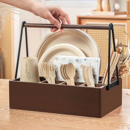 PTSTING Silverware Caddy with Handle Acacia Wood Utensil Holder Paper Plate Dispenser for Countertop Flatware Organizer Box for Spoons Forks Plates Cups Napkins