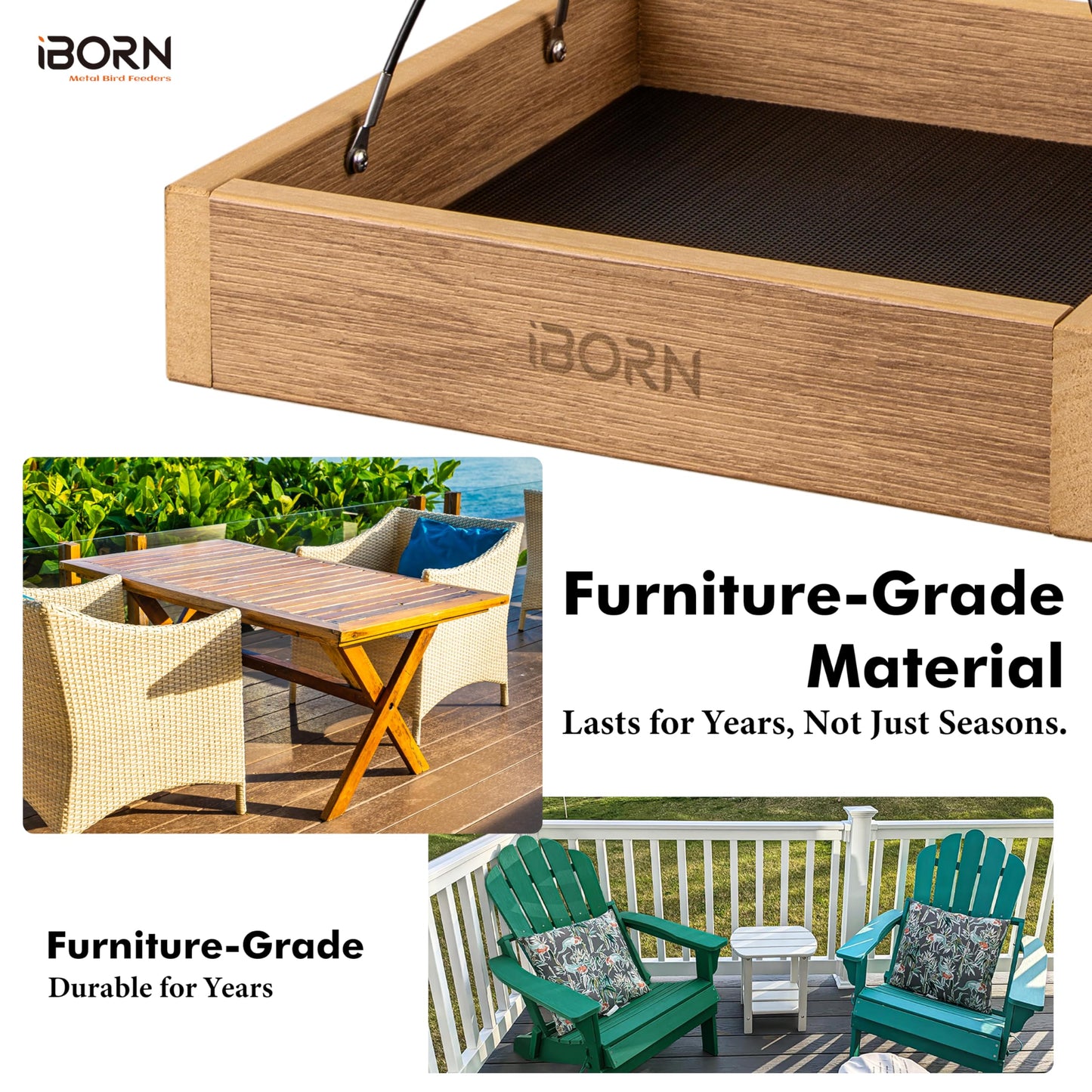 iBorn Platform Bird Feeder Tray, Chew Proof Bird Feeders for Outdoors Hanging, Flat Birdfeeder Tray with Large Capacity 3LBS, WPC Recycled Plastic & Cedar Look, Waterproof, 10.5"x10.5", Raw