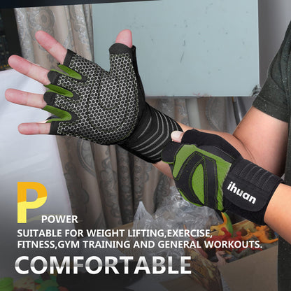 ihuan Ventilated Weight Lifting Gym Workout Gloves with Wrist Wrap Support for Men & Women, Full Palm Protection, for Weightlifting, Training, Fitness, Hanging, Pull ups